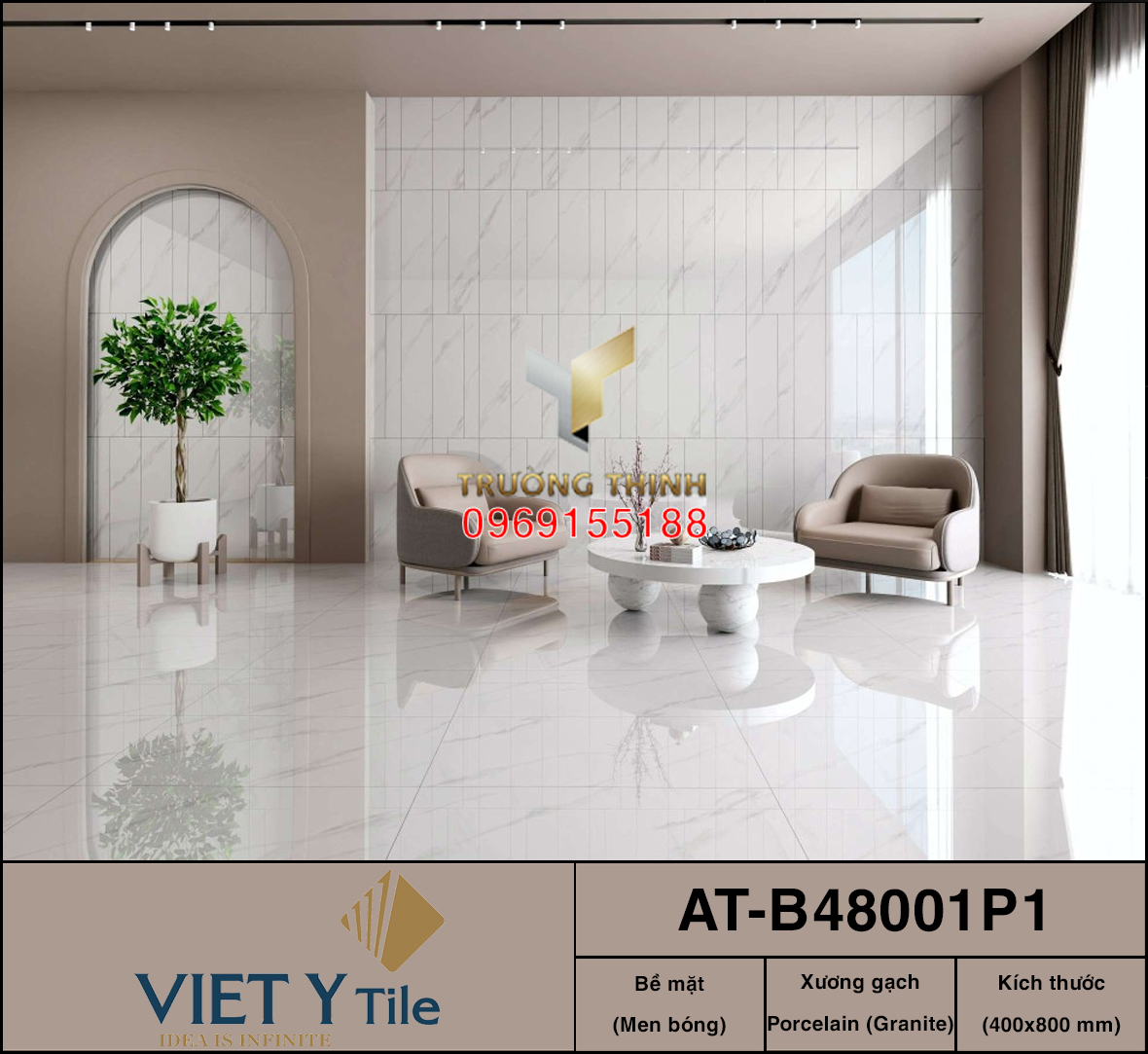 Gạch ốp lát trắng khói vân mây 400x800 Việt Ý AT-B48001P1 Cao Cấp
