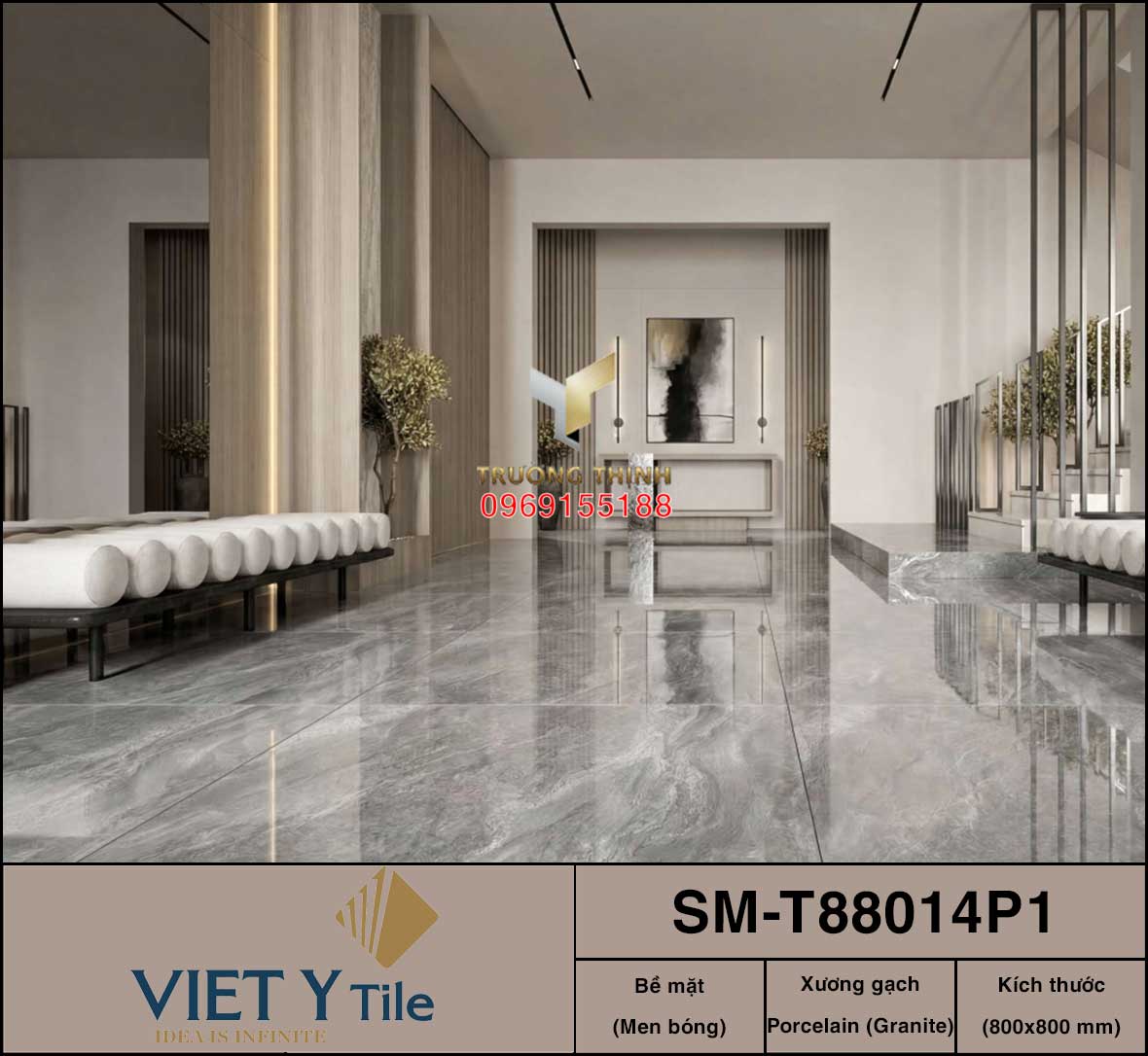 Gạch lát nền Granite Việt Ý 800x800 SM-T88014P1 - Men bóng màu xám cao cấp