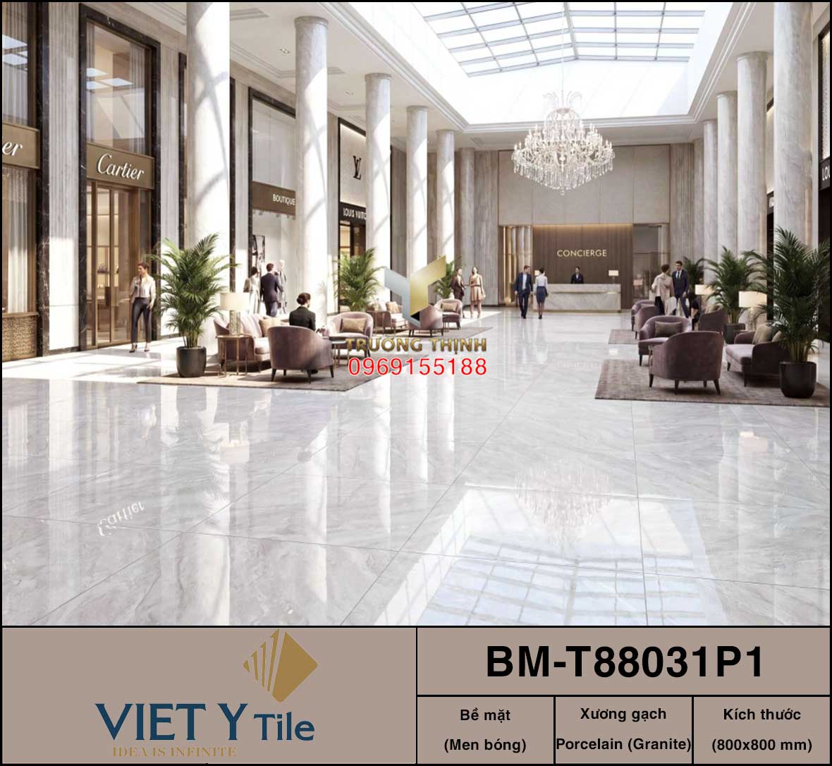 Gạch lát nền vân đá Travertine 800x800 Việt Ý BM-T88031P1 Cao Cấp