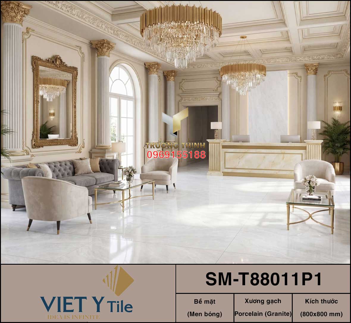 Gạch lát sàn Granite 800x800 Việt Ý SM-T88011P1 Màu Ghi Sáng Sang Trọng